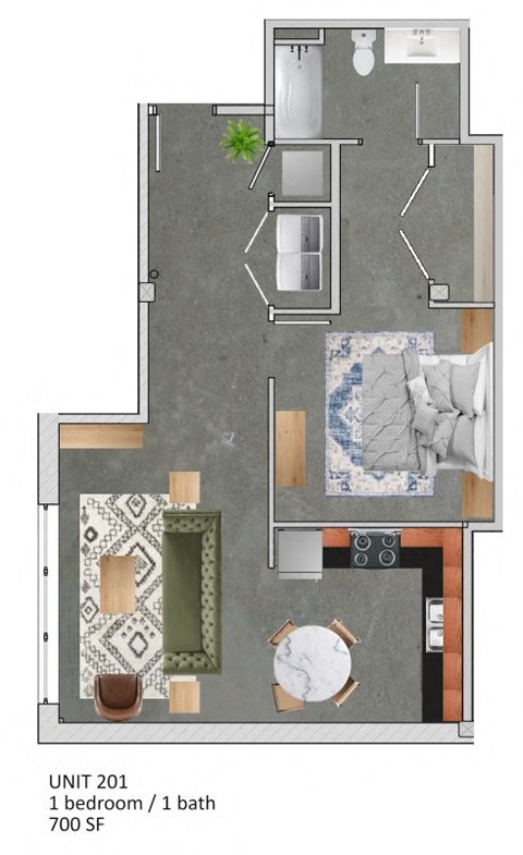 Floor plan for 1 bed, 1 bath, 869 sqft